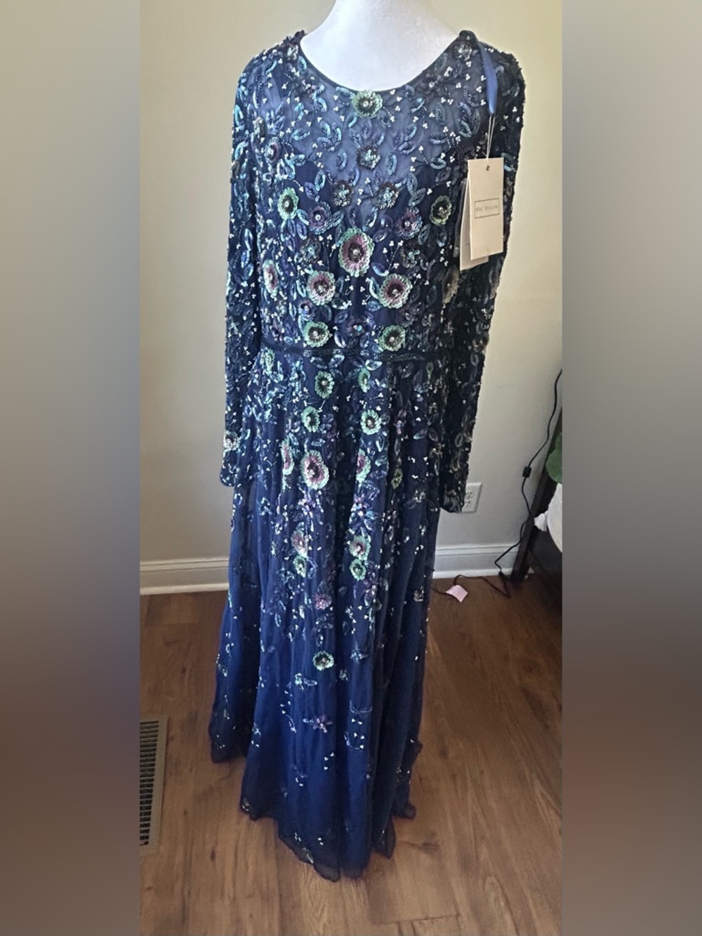 Mac Duggal Long Sleeve Embellished High Neck A Line Gown - Picture 4 of 16